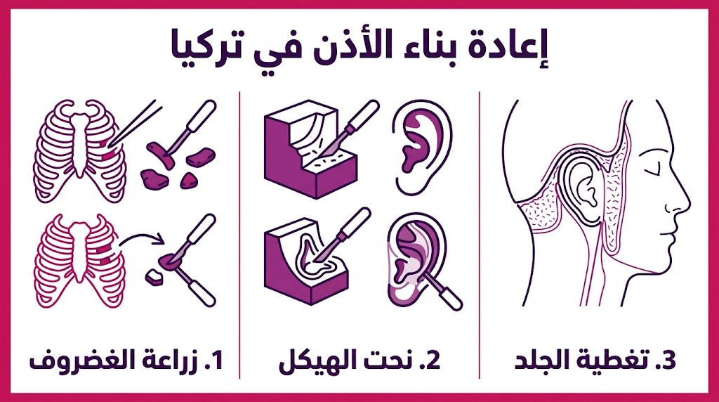مخطط إنفوجرافيك مقسم لثلاث مراحل توضح خطوات زراعة ونحت وتغطية الجلد في إعادة بناء الأذن في تركيا.
