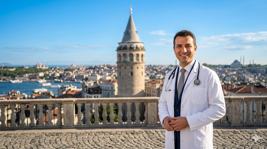 طبيب تجميل متخصص في إعادة بناء الأذن في تركيا يقف بملابس طبية أمام برج غالاتا التاريخي في إسطنبول.