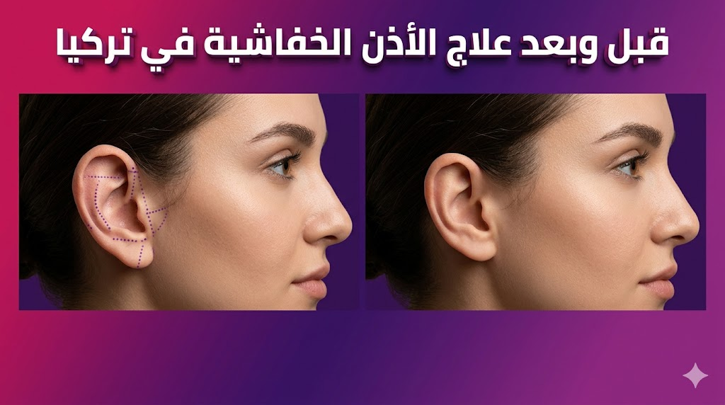 صورة مقارنة قبل وبعد علاج الأذن الخفاشية في تركيا تظهر التغيير الجذري وتناسق الأذن مع ملامح الوجه.