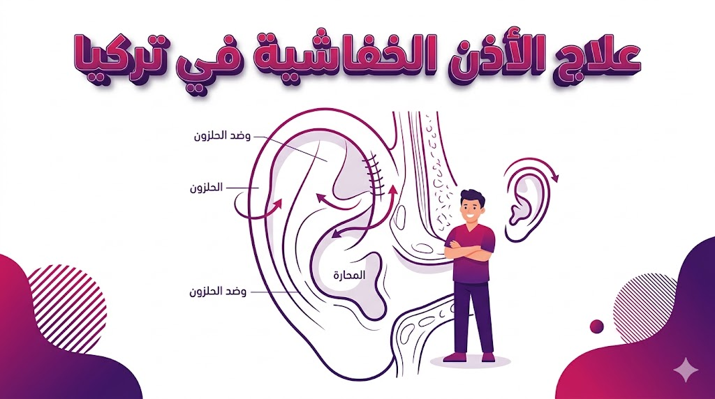 إنفوجرافيك طبي تشريحي يوضح كيفية تعديل غضروف الأذن في عملية علاج الأذن الخفاشية في تركيا.