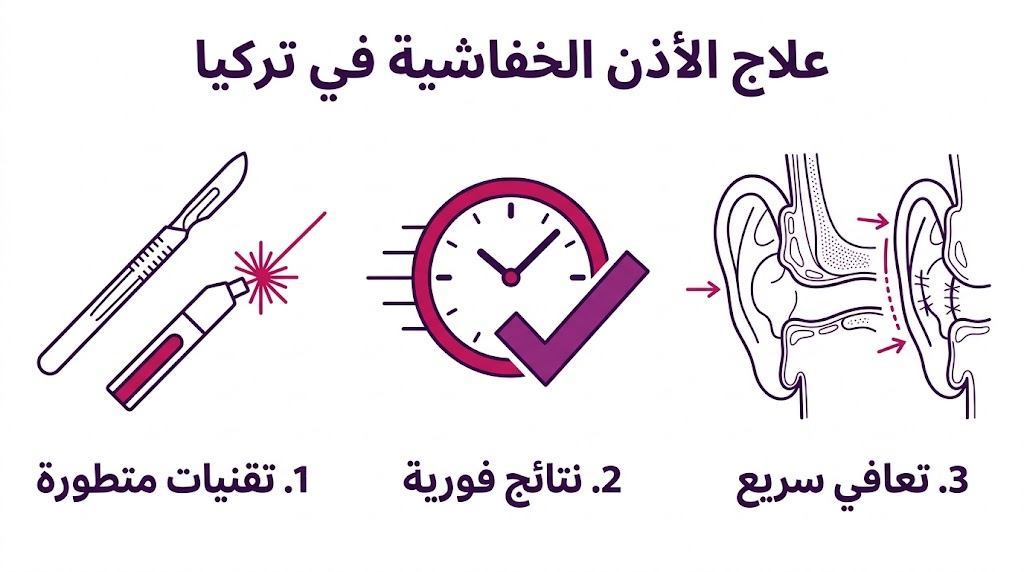 ملصق إنفوجرافيك يوضح المميزات الثلاث الرئيسية لعملية علاج الأذن الخفاشية في تركيا.
