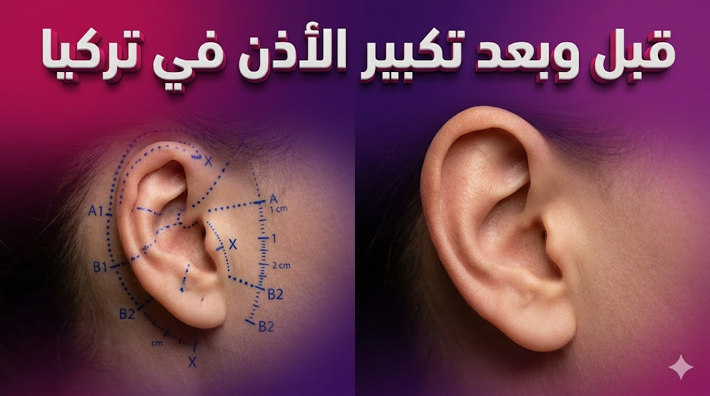 مقارنة واقعية قبل وبعد تكبير الأذن في تركيا تظهر تحسن حجم وتناسق الأذن مع نص ثلاثي الأبعاد.