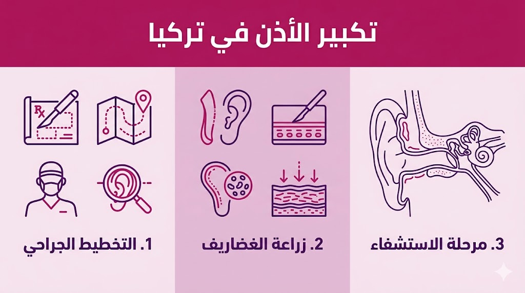 إنفوجرافيك طبي يشرح مراحل عملية تكبير الأذن في تركيا من التخطيط إلى زراعة الغضاريف والتعافي.
