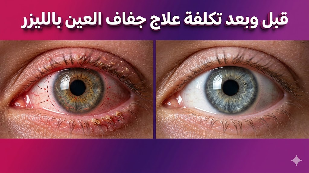 صورة قبل وبعد توضح نتائج و تكلفة علاج جفاف العين بالليزر على احمرار وحيوية العين.