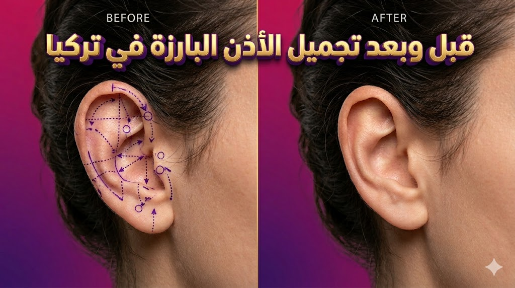  صورة مقارنة "قبل وبعد" توضح نتائج تجميل الأذن البارزة في تركيا مع علامات جراحية دقيقة وتناسق نهائي مذهل.