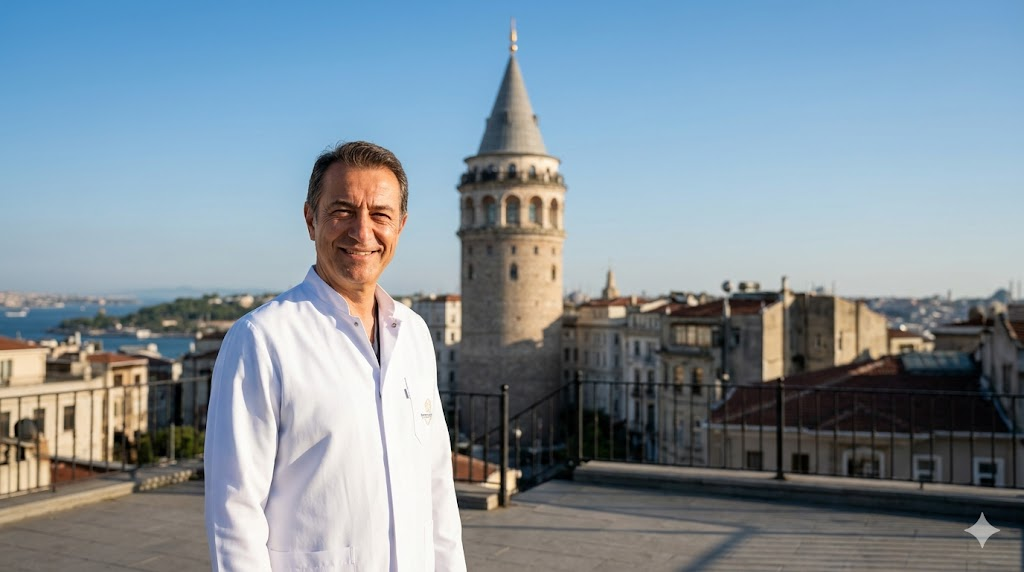  جراح تجميل خبير أمام برج غالاتا في اسطنبول يمثل خدمات تجميل الأذن البارزة في تركيا.