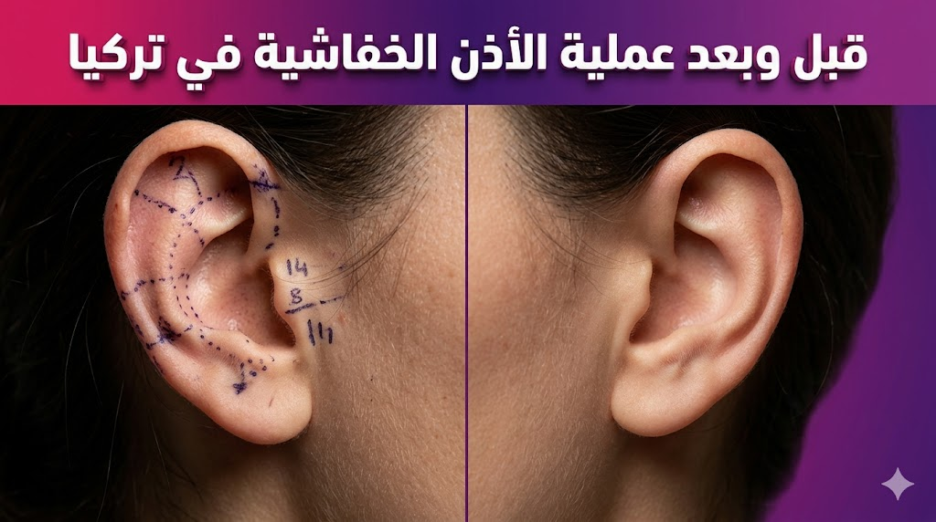 مقارنة قبل وبعد تظهر نتائج عملية الأذن الخفاشية في تركيا مع علامات تخطيط جراحي دقيقة.