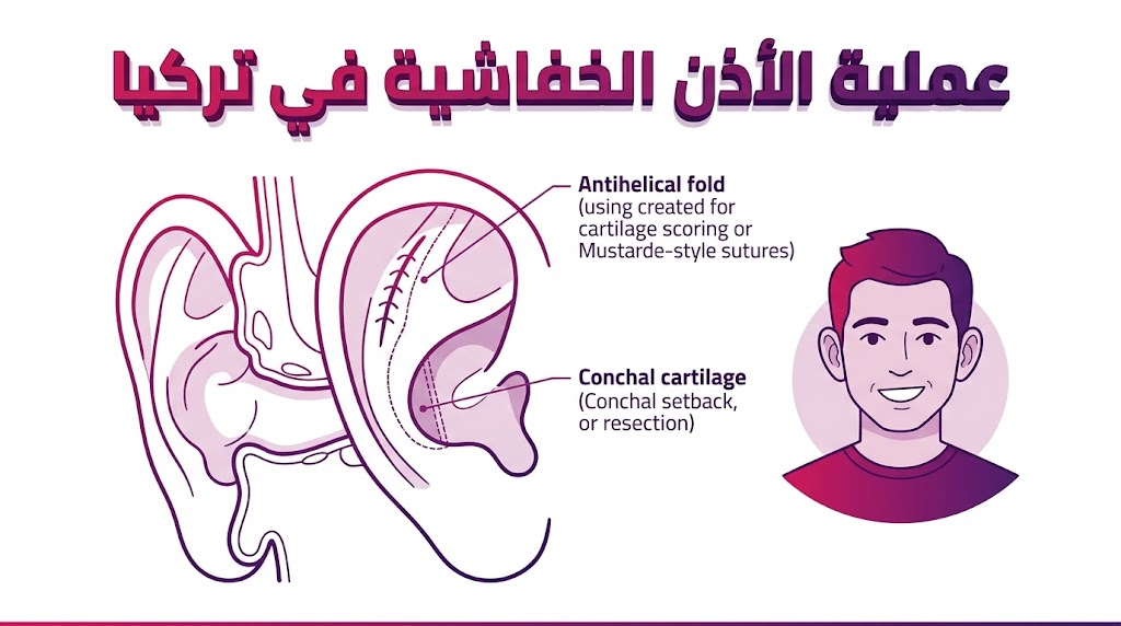 إنفوجرافيك تعليمي يوضح التشريح الداخلي وخطوات عملية الأذن الخفاشية في تركيا بشكل هندسي دقيق.