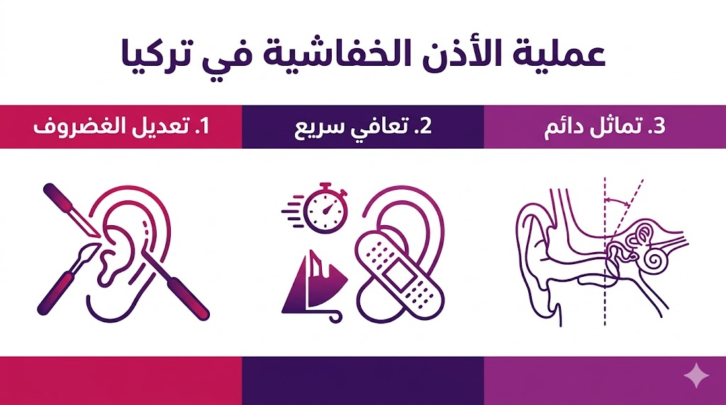بوستر إنفوجرافيك يوضح ثلاث مراحل أساسية لنجاح عملية الأذن الخفاشية في تركيا.