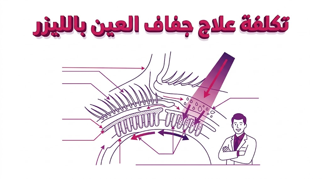 مخطط تشريحي يوضح آلية عمل تقنية الليزر وتحسين الغدد الدهنية ضمن تكلفة علاج جفاف العين بالليزر.