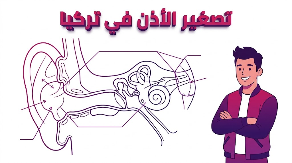 إنفوجرافيك تعليمي يوضح التشريح الداخلي لغضاريف الأذن وكيفية إجراء عملية تصغير الأذن في تركيا بشكل علمي.