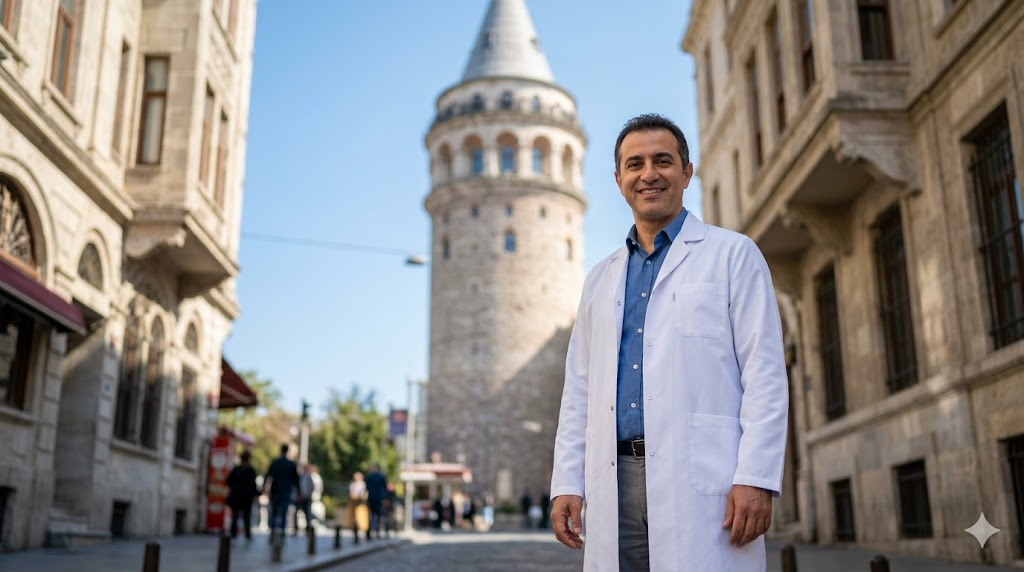 طبيب تجميل متخصص في تصغير الأذن في تركيا يقف أمام برج غالاتا التاريخي في اسطنبول في لقطة احترافية.