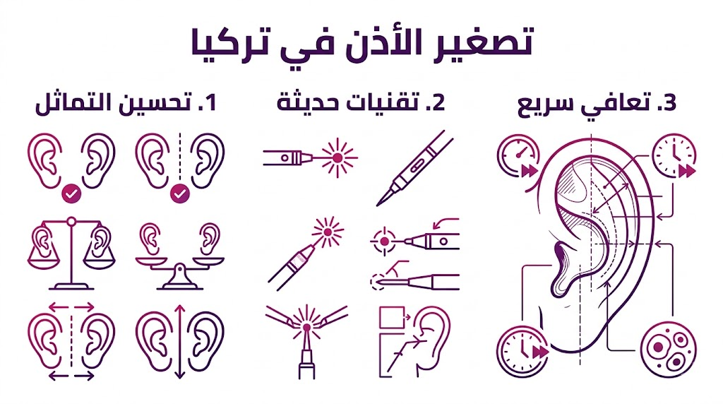 مخطط إنفوجرافيك مقسم لثلاثة أقسام يشرح مميزات وتقنيات تصغير الأذن في تركيا وفترة التعافي.