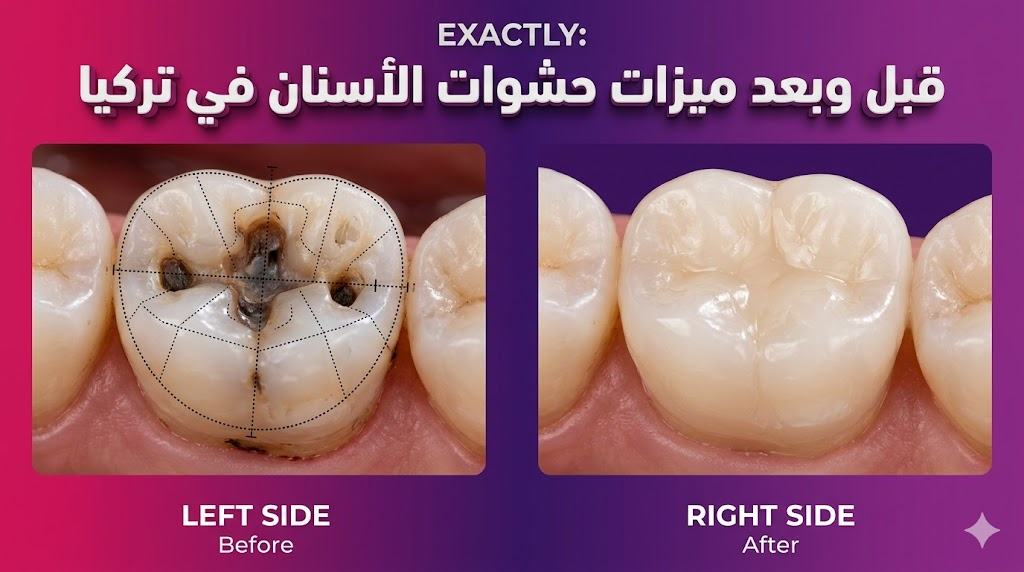 مقارنة واقعية قبل وبعد توضح ميزات حشوات الأسنان في تركيا في ترميم الأسنان المسوسة بدقة عالية.
