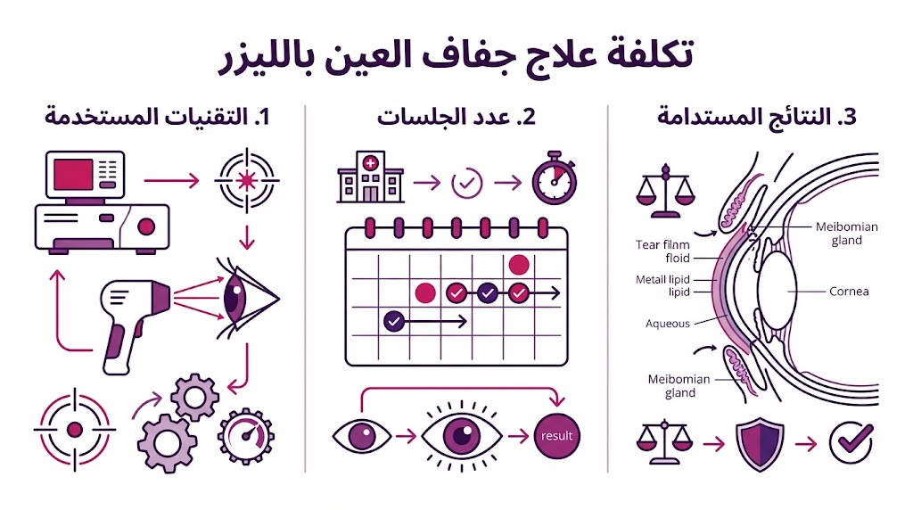 إنفوجرافيك يوضح العوامل الأساسية التي تحدد تكلفة علاج جفاف العين بالليزر مثل التقنية وعدد الجلسات.
