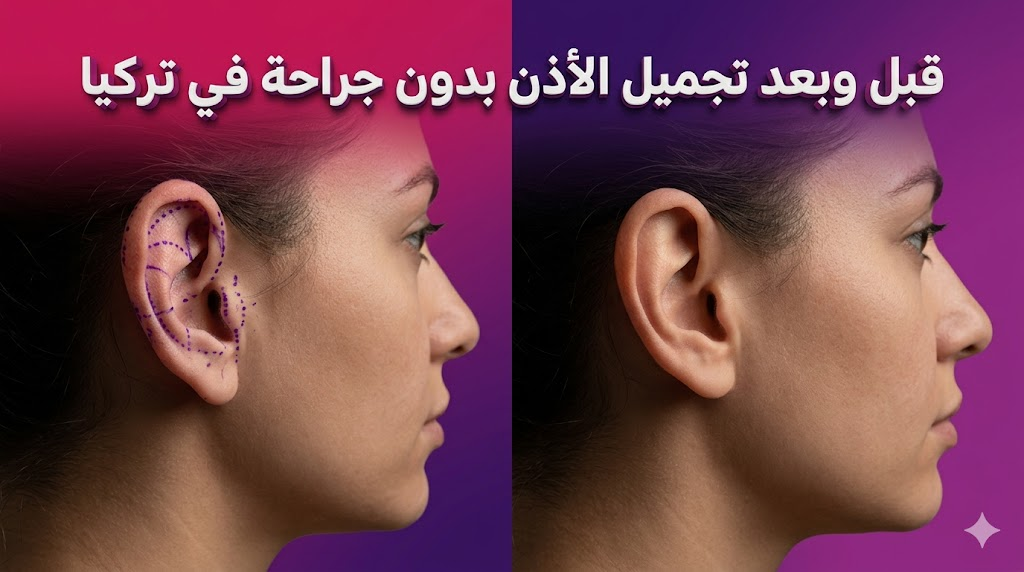  مقارنة قبل وبعد تظهر نتائج تجميل الأذن بدون جراحة في تركيا وتعديل بروز الأذن بشكل طبيعي.
