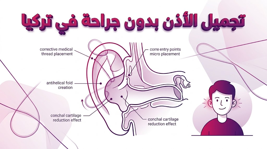 إنفوجرافيك طبي يوضح التشريح الداخلي وكيفية تطبيق تجميل الأذن بدون جراحة في تركيا باستخدام الخيوط الطبية.