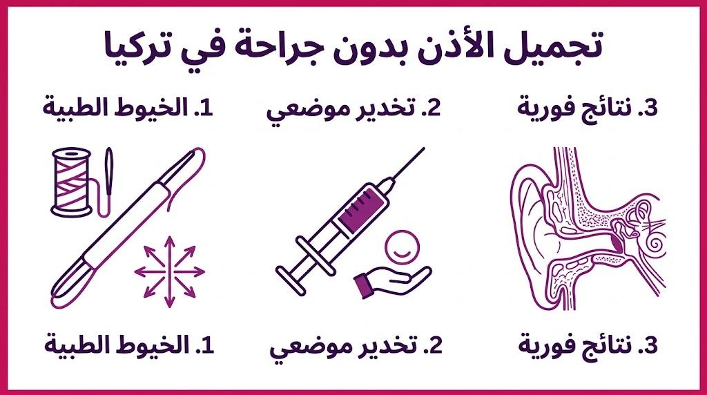 ملصق إنفوجرافيك يوضح خطوات ومزايا تجميل الأذن بدون جراحة في تركيا من حيث التقنية والراحة والنتائج.