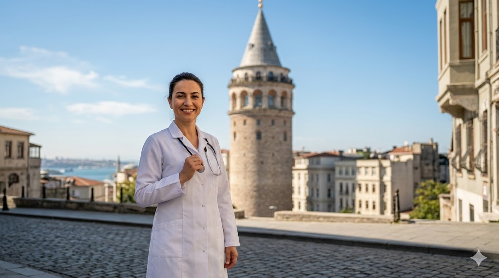 طبيب تجميل متخصص في تجميل الأذن بدون جراحة في تركيا يقف أمام برج غالاتا التاريخي في إسطنبول.