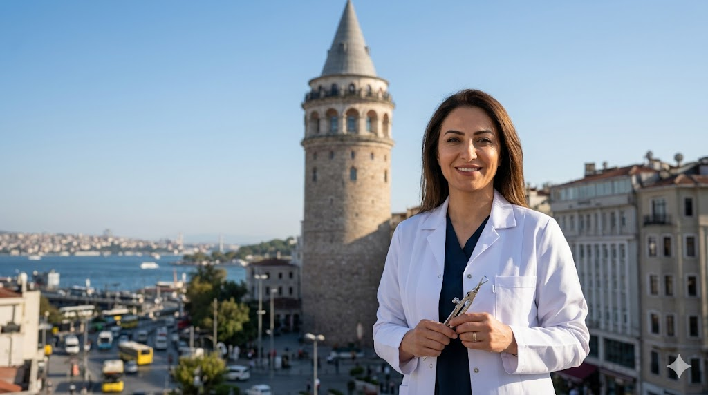 طبيب عيون مختص يقف أمام برج غالاتا في اسطنبول لتقديم خدمات و تكلفة علاج جفاف العين بالليزر.