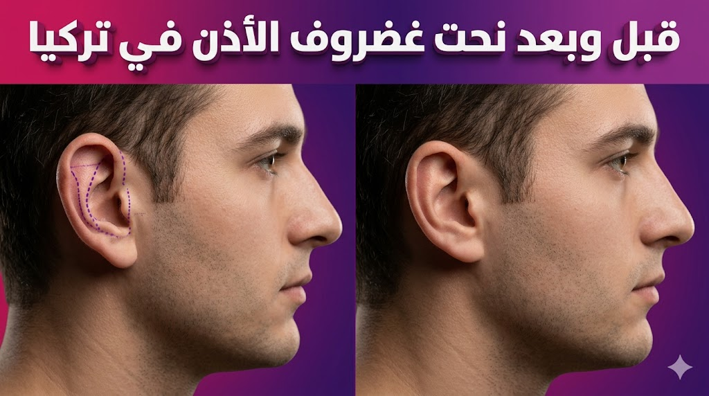 صورة قبل وبعد نحت غضروف الأذن في تركيا توضح نتائج تصحيح بروز الأذن وتناسقها.
