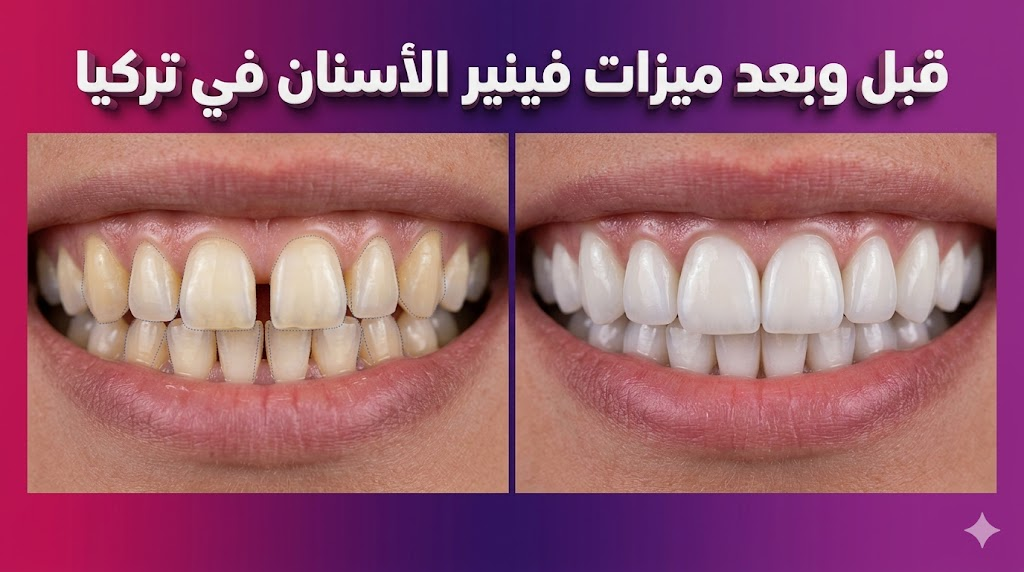 مقارنة قبل وبعد توضح ميزات فينير الأسنان في تركيا في تجميل الابتسامة وإصلاح العيوب.