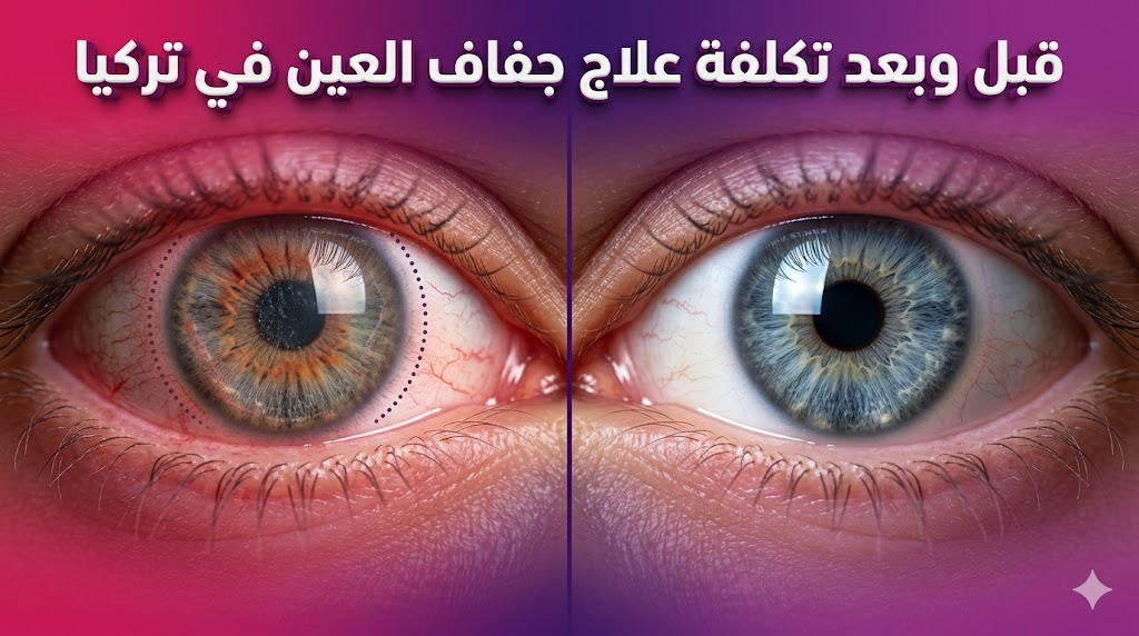 مقارنة قبل وبعد توضح نتائج تحسن العين بعد معرفة تكلفة علاج جفاف العين في تركيا والبدء بالعلاج.