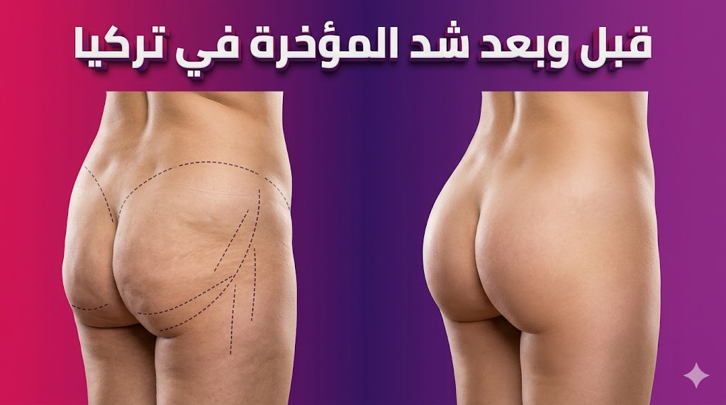 صورة "قبل وبعد شد المؤخرة في تركيا" توضح علامات التخطيط الجراحي والنتائج النهائية المذهلة للقوام.