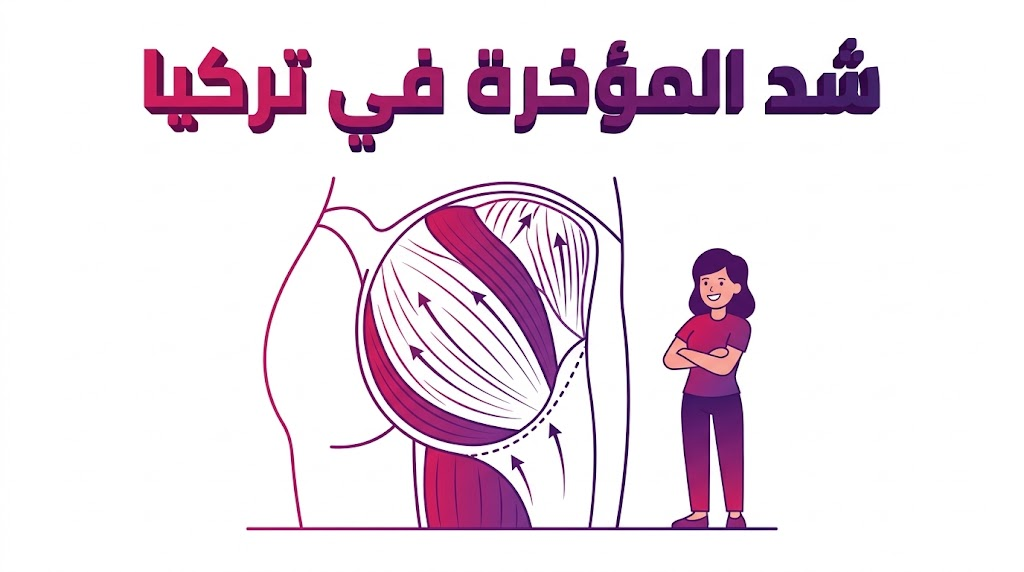 إنفوجرافيك طبي تشريحي يوضح التقنية العلمية المتبعة في عملية شد المؤخرة في تركيا مع نموذج ثلاثي الأبعاد.