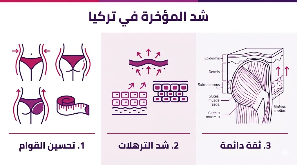بوستر إنفوجرافيك يوضح فوائد شد المؤخرة في تركيا بما في ذلك تحسين القوام وشد الترهلات الجلدية.