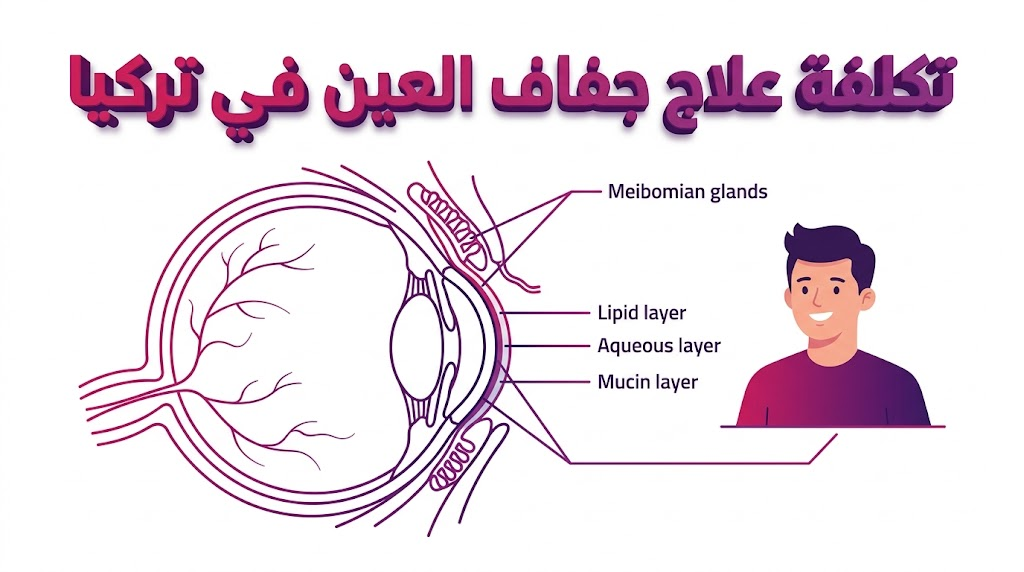مخطط تشريحي يوضح طبقات الدموع والغدد المسؤولة عن الترطيب ضمن سياق تكلفة علاج جفاف العين في تركيا.