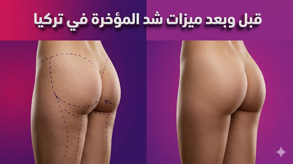 صورة مقارنة "قبل وبعد" توضح نتائج وميزات شد المؤخرة في تركيا مع تخطيط جراحي دقيق.