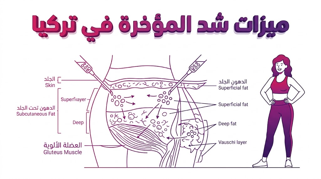 مخطط تشريحي علمي يوضح ميزات شد المؤخرة في تركيا وطريقة توزيع الدهون في الأنسجة.