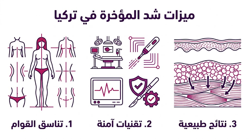 إنفوجرافيك طبي يلخص ميزات شد المؤخرة في تركيا من حيث تناسق القوام والأمان والنتائج الطبيعية.