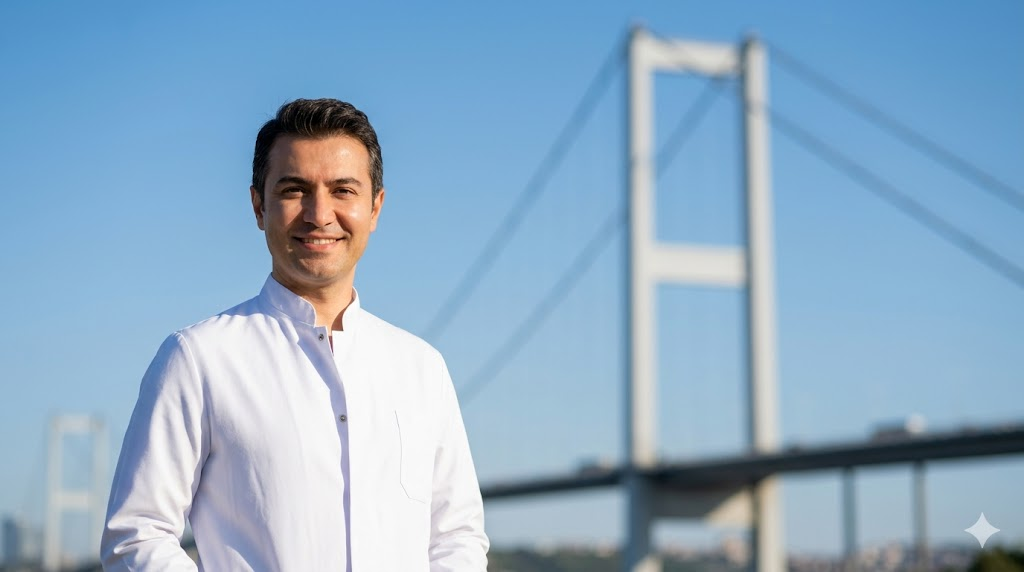 جراح تجميل خبير أمام جسر البوسفور في إسطنبول يستعرض ميزات شد المؤخرة في تركيا للسياح القادمين للعلاج.