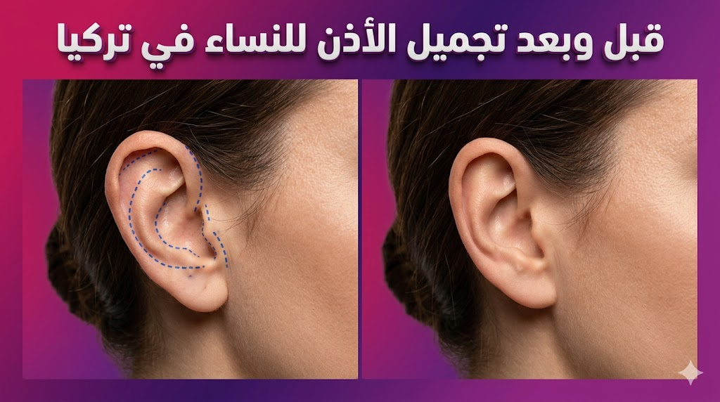  صورة قبل وبعد تظهر نتائج تجميل الأذن للنساء في تركيا مع علامات جراحية دقيقة وتناسق نهائي مثالي.