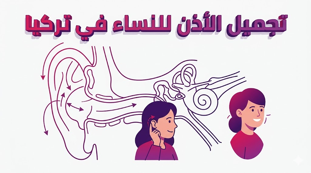  إنفوجرافيك طبي يوضح التشريح الداخلي وتقنيات نحت الغضروف المستخدمة في تجميل الأذن للنساء في تركيا.