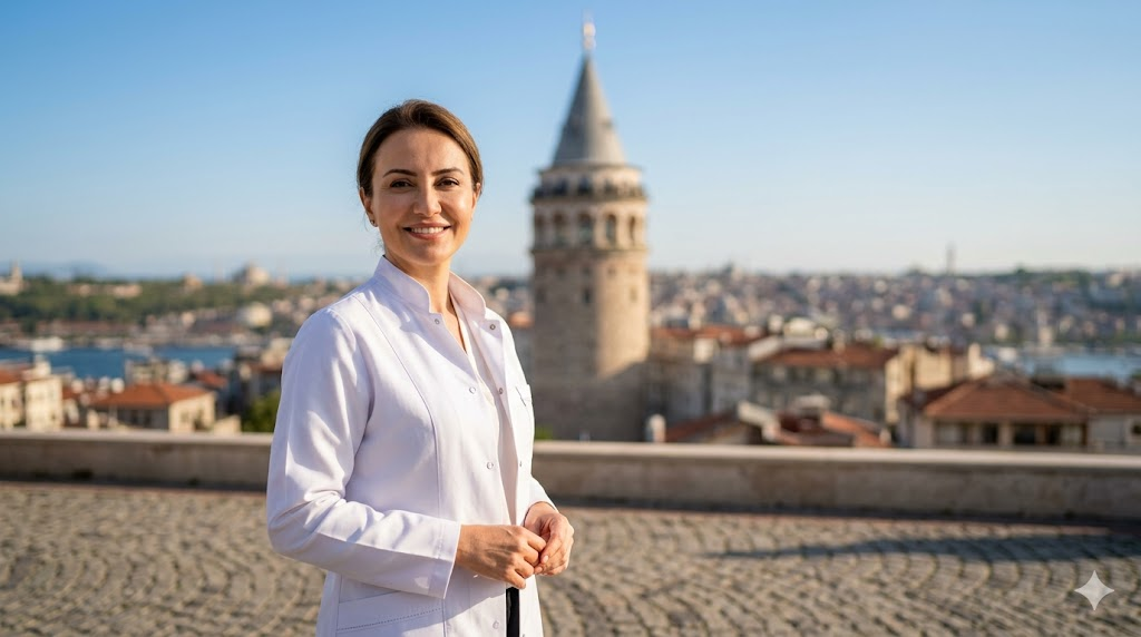  طبيبة تجميل متخصصة في تجميل الأذن للنساء في تركيا تقف أمام برج غالاتا التاريخي في اسطنبول.