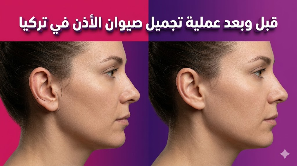 مقارنة قبل وبعد تظهر نتائج عملية تجميل صيوان الأذن في تركيا وتصحيح بروز الأذن بشكل طبيعي مع نص ثلاثي الأبعاد.