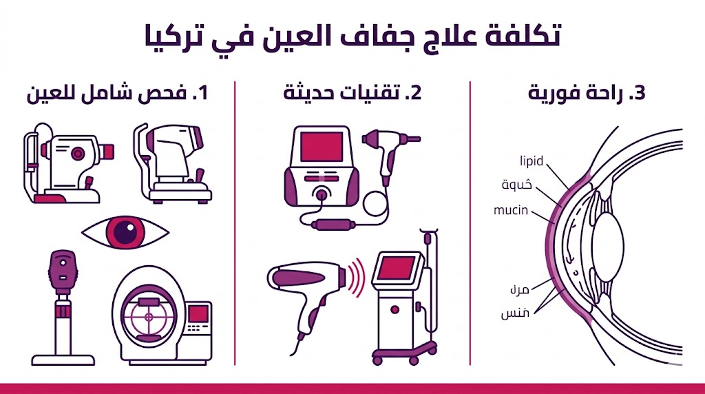 إنفوجرافيك طبي يوضح مراحل التشخيص والعلاج والنتائج لمرضى تكلفة علاج جفاف العين في تركيا.