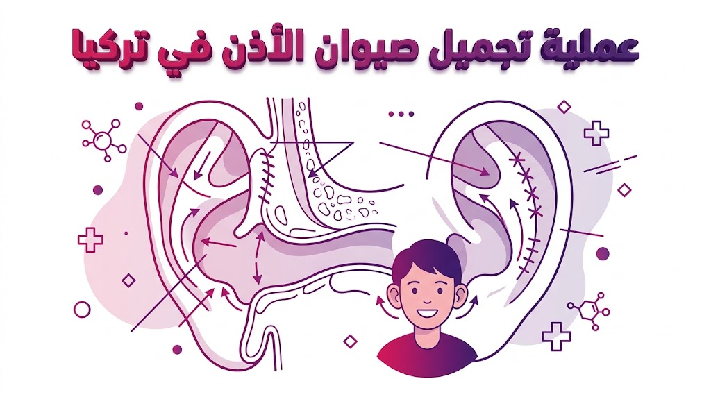 إنفوجرافيك طبي يوضح التشريح الداخلي للأذن وكيفية إعادة تشكيل الغضاريف في عملية تجميل صيوان الأذن في تركيا.