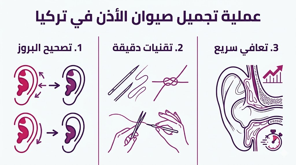 بوستر إنفوجرافيك يشرح مميزات عملية تجميل صيوان الأذن في تركيا من حيث تصحيح البروز والدقة وسرعة التعافي.