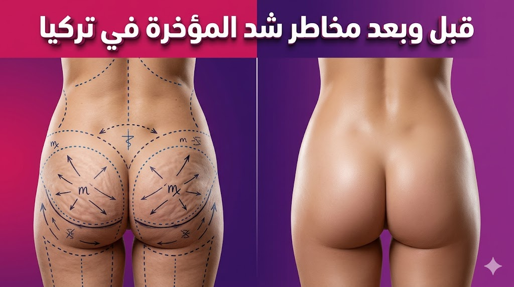 صورة قبل وبعد توضح العلامات الجراحية والنتائج النهائية المتعلقة بـ مخاطر شد المؤخرة في تركيا.