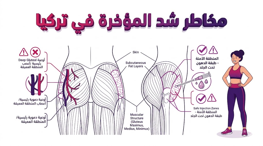 مخطط تشريحي يوضح الأمان الطبي والطبقات الحيوية لتفادي مخاطر شد المؤخرة في تركيا.