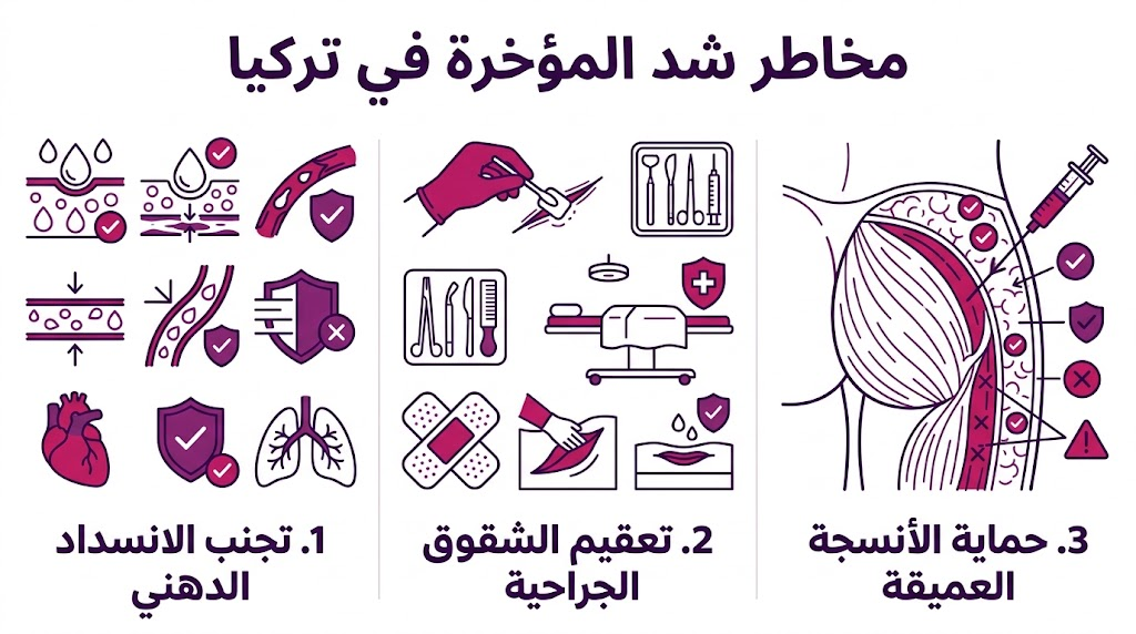إنفوجرافيك طبي يوضح ثلاث نقاط أساسية للوقاية من مخاطر شد المؤخرة في تركيا.