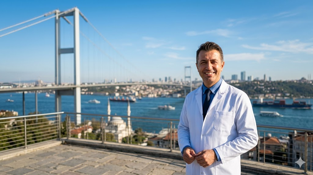 طبيب تجميل خبير في اسطنبول يقدم استشارات حول مخاطر شد المؤخرة في تركيا أمام جسر البوسفور.