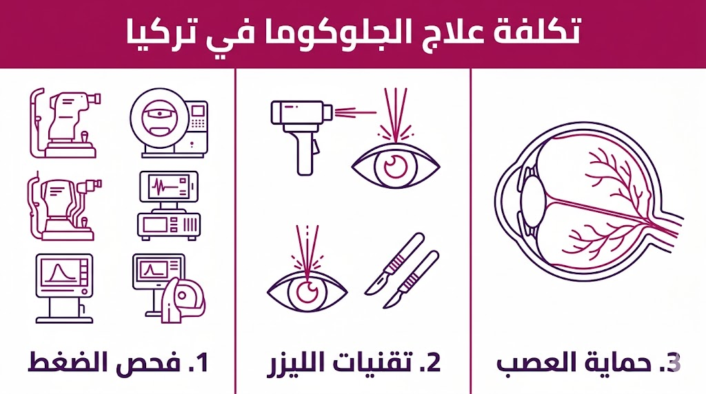 إنفوجرافيك طبي يوضح مراحل العلاج وأهمية حماية العصب البصري ضمن تكلفة علاج الجلوكوما في تركيا.