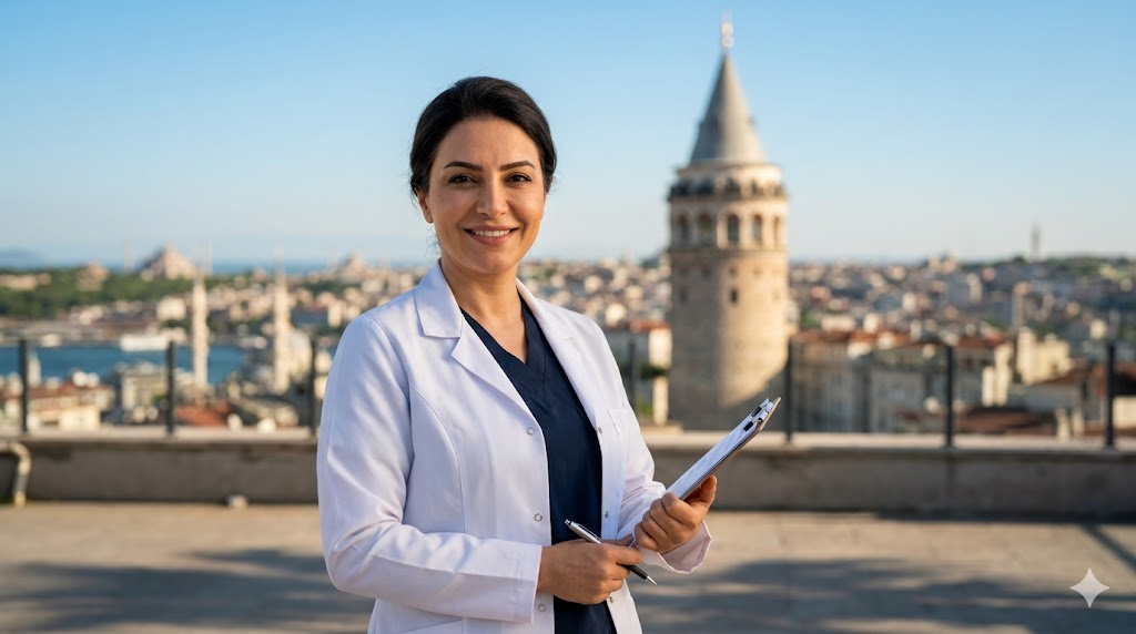  جراح تجميل خبير في تصحيح الأذن البارزة في تركيا يقف أمام برج غالاتا الشهير في إسطنبول.