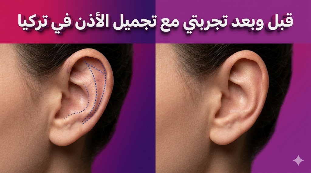  مقارنة قبل وبعد توضح نتائج تجربتي مع تجميل الأذن في تركيا مع علامات جراحية دقيقة.