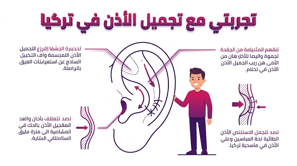  إنفوجرافيك طبي يوضح التشريح الداخلي وتفاصيل تجربتي مع تجميل الأذن في تركيا بأسلوب الرسم الهندسي.